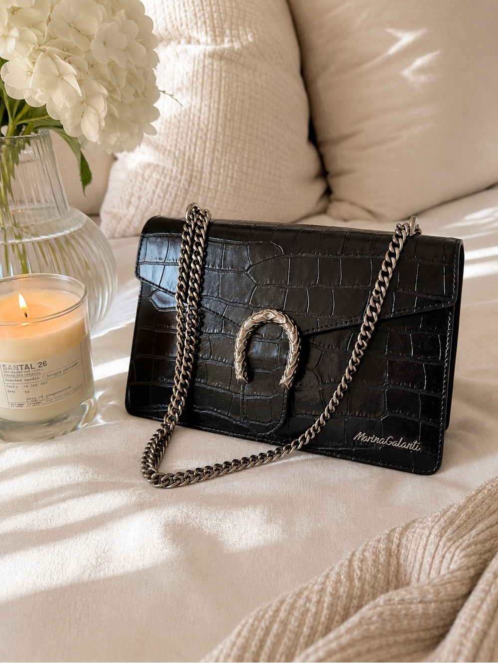 Black Croc-Embossed Shoulder Bag with Chain Strap